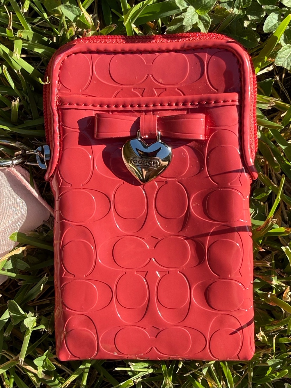 Y2K Coach Pink Patent Leather Wallet/Camera Holder with Silver Heart Charm
